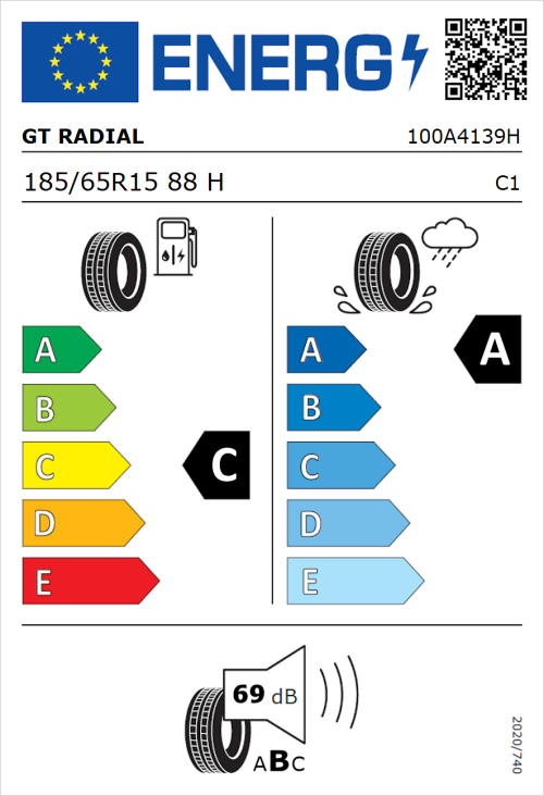 Tyre Label for GT Radial FE2 185/65R15 88H